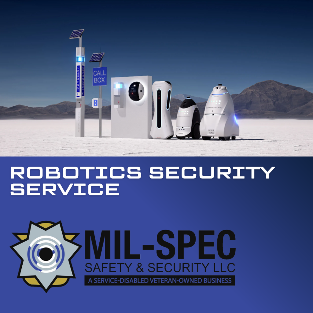 Illustration of autonomous security robot patrolling outdoor area, showcasing Mil-spec Safety & Security LLC's innovative robotics solutions.