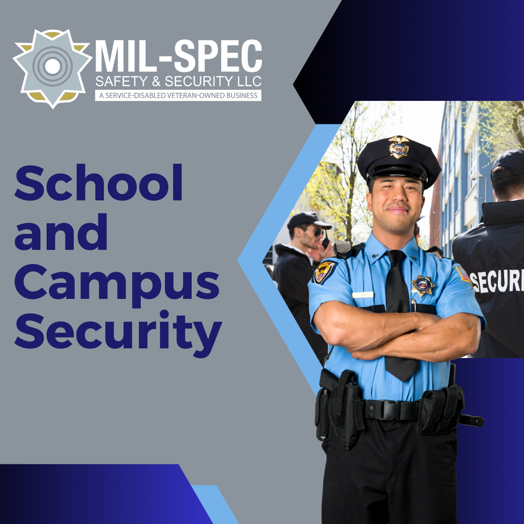 Image of students in a secure campus with Mil-Spec Security logo.