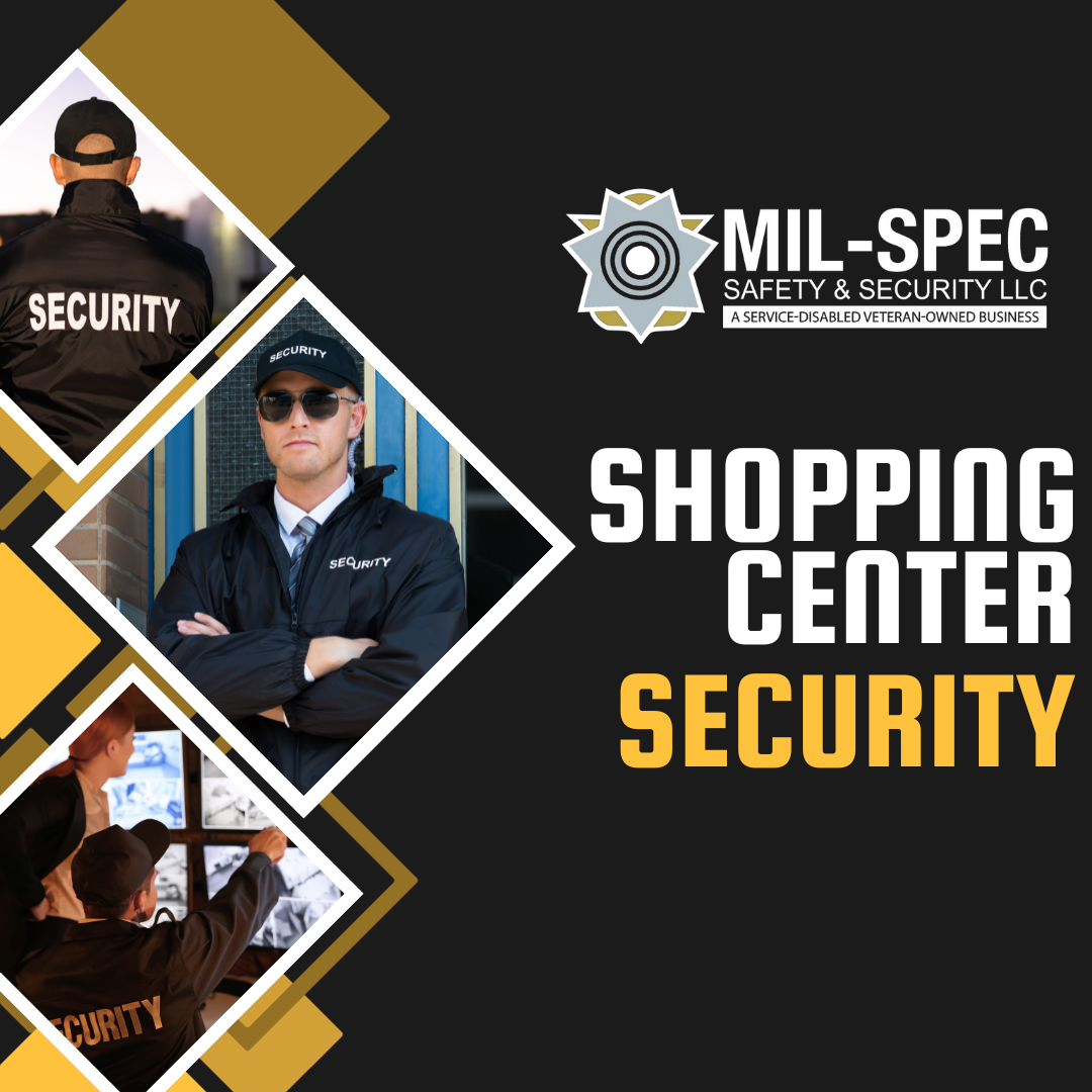 A security guard monitoring surveillance cameras in a shopping center.