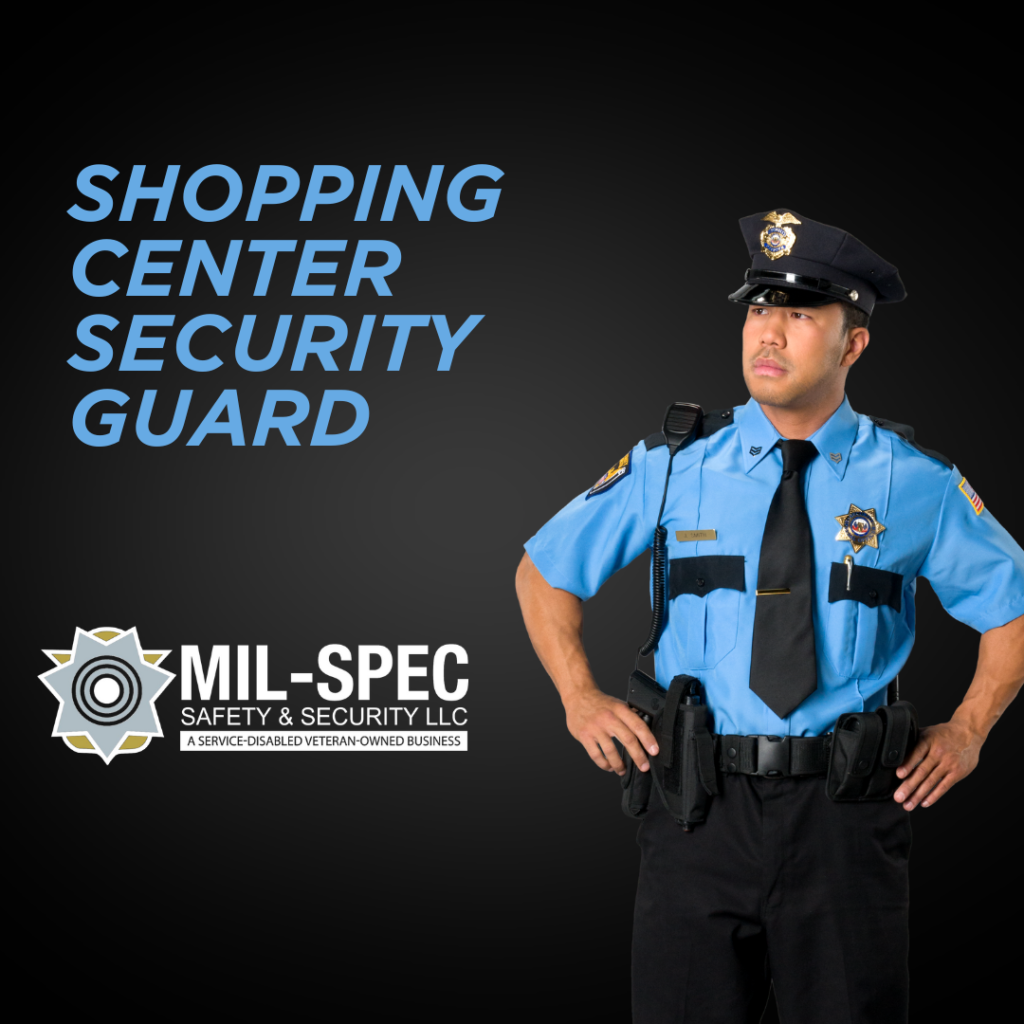 Security guard patrolling a shopping center ensuring safety and protection for shoppers